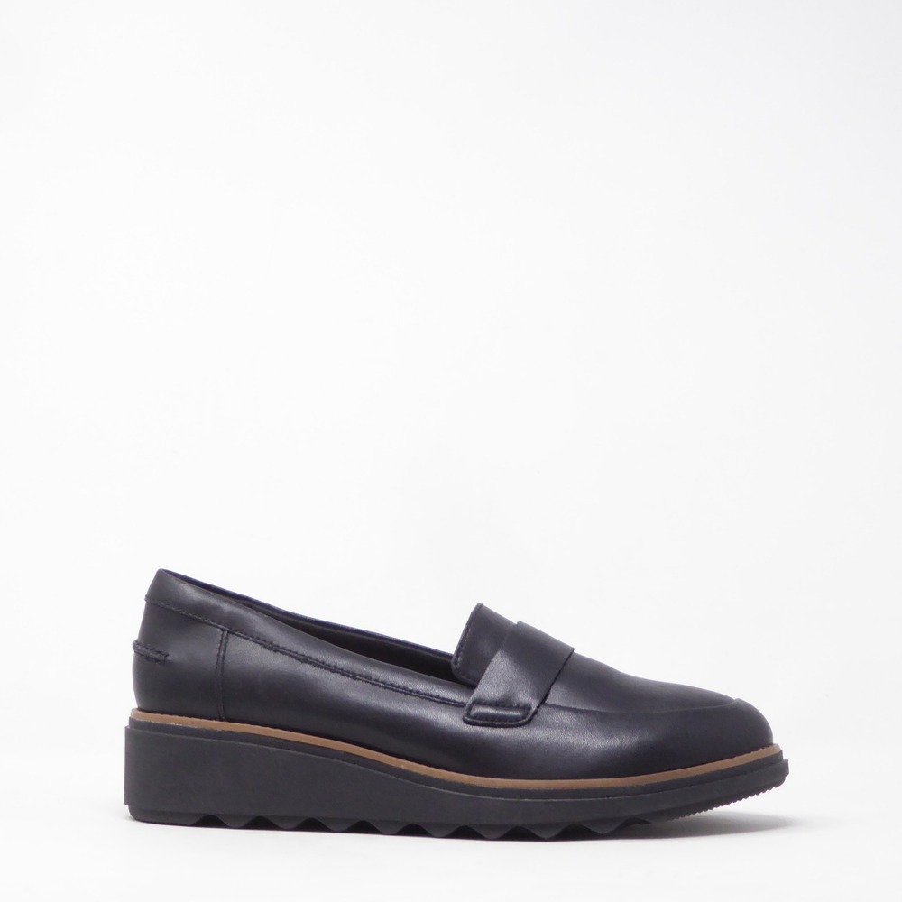 Clarks Women Loafers Black Sharon Gracie Leather Wedges 7.5W